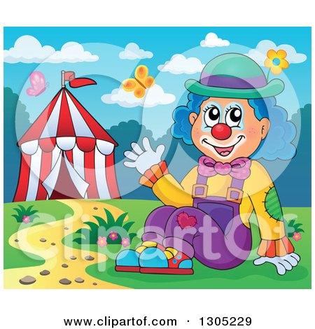 Clipart of a Cartoon Friendly Clown Sitting and Waving by a Big Top Circus Tent on a Spring Day - Royalty Free Vector Illustration by visekart