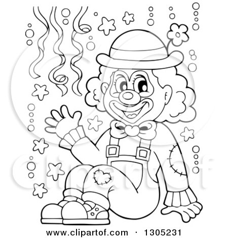 Lineart Clipart of a Cartoon Black and White Friendly Clown Sitting and Waving with Confetti - Royalty Free Outline Vector Illustration by visekart