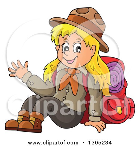 Clipart of a Cartoon Blond White Girl Scout Sitting and Waving with Camping Gear - Royalty Free Vector Illustration by visekart