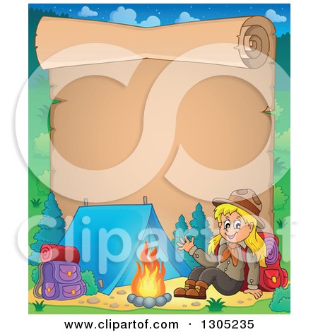 Clipart of a Parchment Scroll Page with a Blond White Girl Scout Camping and Sitting by a Fire - Royalty Free Vector Illustration by visekart