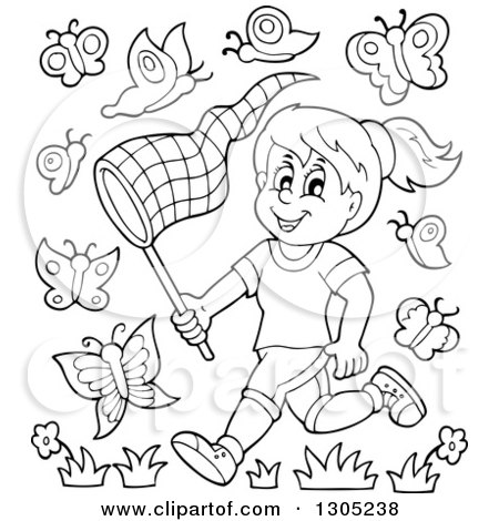 Lineart Clipart of a Cartoon Black and White Happy Girl Chasing Butterflies with a Net - Royalty Free Outline Vector Illustration by visekart