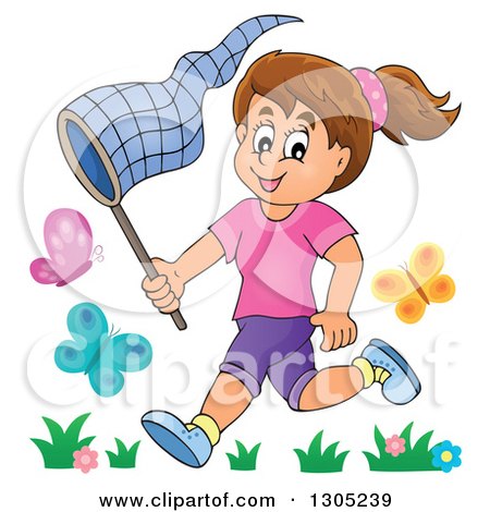 Cartoon Happy Brunette White Girl Chasing Butterflies with a Net ...