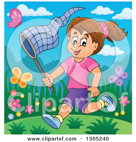 Clipart of a Cartoon Happy Brunette White Girl Chasing Butterflies with a Net on a Spring Day - Royalty Free Vector Illustration by visekart
