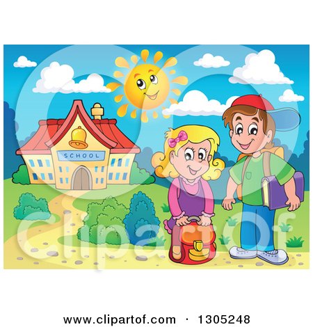 Clipart of White Children Outside a School Building - Royalty Free Vector Illustration by visekart