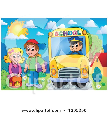 Clipart of Cartoon Happy White Children Being Picked up at a School Bus Stop on a Sunny Day - Royalty Free Vector Illustration by visekart