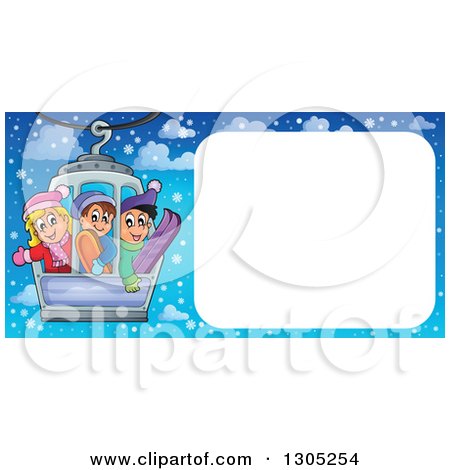 Clipart of a Blank Frame with Happy Children on a Ski Lift over Snow - Royalty Free Vector Illustration by visekart