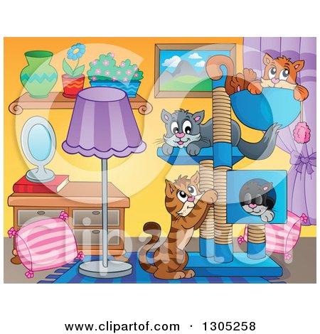 Clipart of a Cartoon Living Room Interior with Cats Playing and Sleeping on a Tree - Royalty Free Vector Illustration by visekart