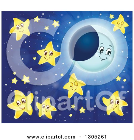 Clipart of a Cartoon Happy Crescent Moon, Stars and Lunar Light Rays - Royalty Free Vector Illustration by visekart