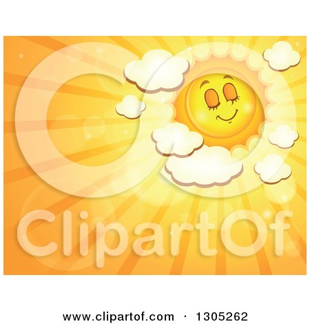 Clipart of a Cartoon Pleasant Sun with Puffy Clouds, Flares and Sunset Rays - Royalty Free Vector Illustration by visekart
