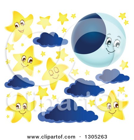 Clipart of a Cartoon Happy Crescent Moon, Clouds and Stars - Royalty Free Vector Illustration by visekart