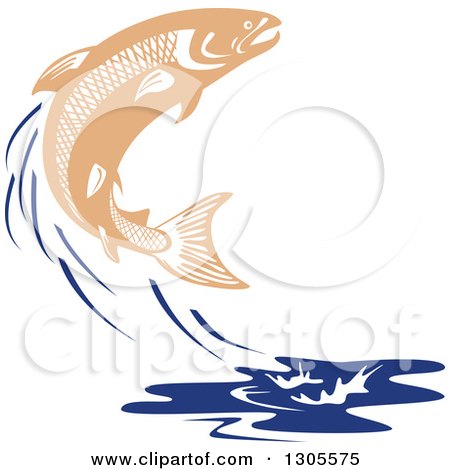 Clipart of a Leaping Salmon Fish and Blue Water Splash - Royalty Free Vector Illustration by patrimonio
