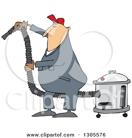 Clipart of a Cartoon Chubby White Worker Man Using a Shop Vacuum - Royalty Free Vector Illustration by djart