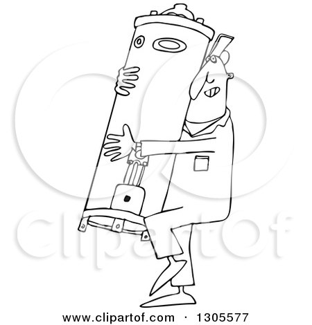 Lineart Clipart of a Cartoon Black and White Plumber Worker Man Carrying a Water Heater - Royalty Free Outline Vector Illustration by djart