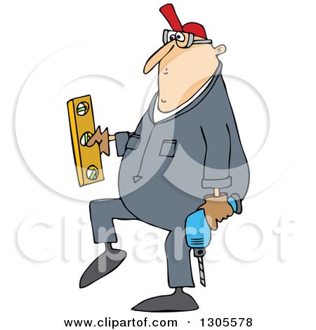 Clipart of a Cartoon Chubby White Worker Man Carrying a Power Drill and Level - Royalty Free Vector Illustration by djart