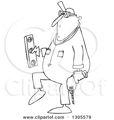 Lineart Clipart of a Cartoon Black and White Chubby Worker Man Carrying a Power Drill and Level - Royalty Free Outline Vector Illustration by djart