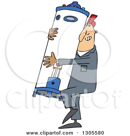 Clipart of a Cartoon White Plumber Worker Man Carrying a Water Heater - Royalty Free Vector Illustration by djart