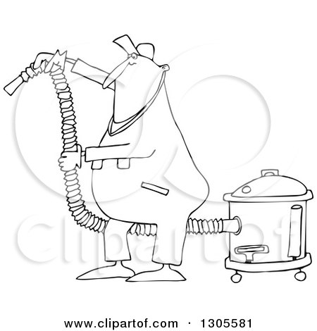 Lineart Clipart of a Cartoon Black and White Chubby Worker Man Using a Shop Vacuum - Royalty Free Outline Vector Illustration by djart