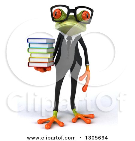 Clipart of a 3d Bespectacled Green Business Springer Frog Holding a Stack of Books - Royalty Free Illustration by Julos