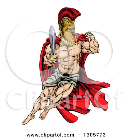 Clipart of a Muscular Gladiator Man in a Helmet Fighting with a Sword and Holding up a Fist - Royalty Free Vector Illustration by AtStockIllustration