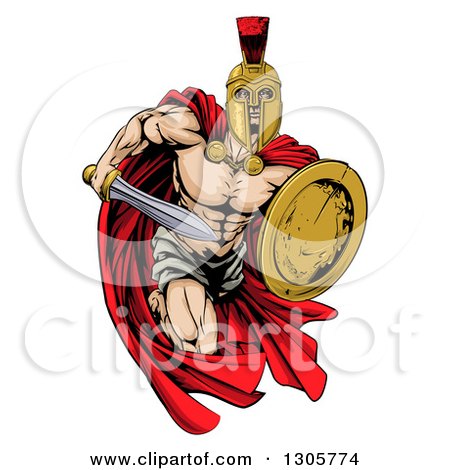 Clipart of a Strong Spartan Trojan Warrior Mascot Sprinting with a Sword and Shield - Royalty Free Vector Illustration by AtStockIllustration