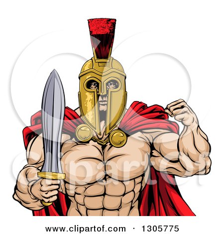 Clipart of a Shirtless Muscular Gladiator Gladiator Man in a Helmet, Flexing His Bicep and Holding a Sword, from the Waist up - Royalty Free Vector Illustration by AtStockIllustration