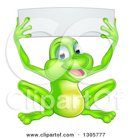 Clipart of a Cartoon Happy Green Frog Holding up a Blank Sign - Royalty Free Vector Illustration by AtStockIllustration