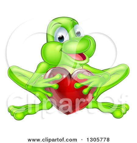 Clipart of a Cartoon Happy Green Frog Crouching and Holding a Glassy Red Heart - Royalty Free Vector Illustration by AtStockIllustration