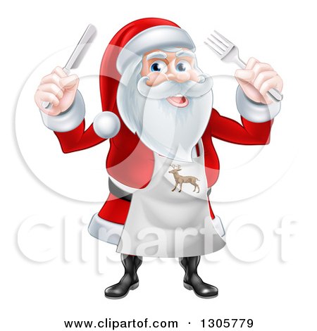 Clipart of a Happy Christmas Santa Claus Wearing an Apron and Holding Silverware - Royalty Free Vector Illustration by AtStockIllustration