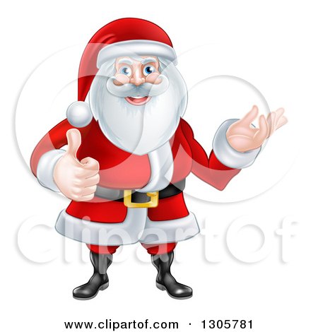 Clipart of a Happy Christmas Santa Claus Giving a Thumb up and Presenting to the Right - Royalty Free Vector Illustration by AtStockIllustration
