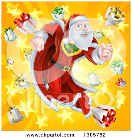 Clipart of a Super Hero Santa Claus Running in a Christmas Suit over a Star Burst with Gifts - Royalty Free Vector Illustration by AtStockIllustration