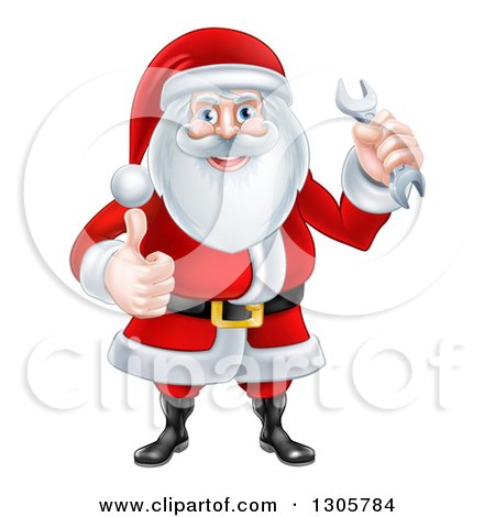 Clipart of a Happy Christmas Santa Claus Giving a Thumb up and Holding a Wrench - Royalty Free Vector Illustration by AtStockIllustration