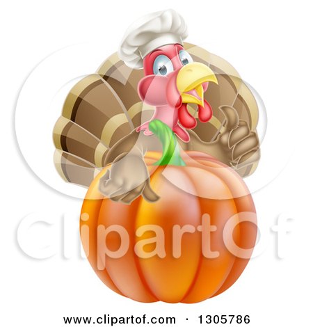 Clipart of a Turkey Bird Chef Holding a Thumb up over a Thanksgiving Pumpkin - Royalty Free Vector Illustration by AtStockIllustration