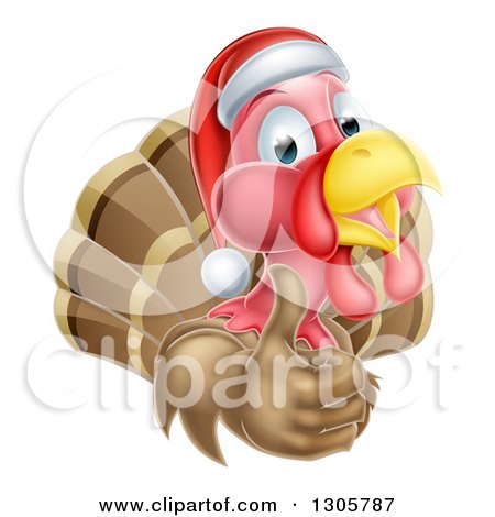 Clipart of a Christmas Turkey Bird Wearing a Santa Hat and Giving a Thumb up - Royalty Free Vector Illustration by AtStockIllustration