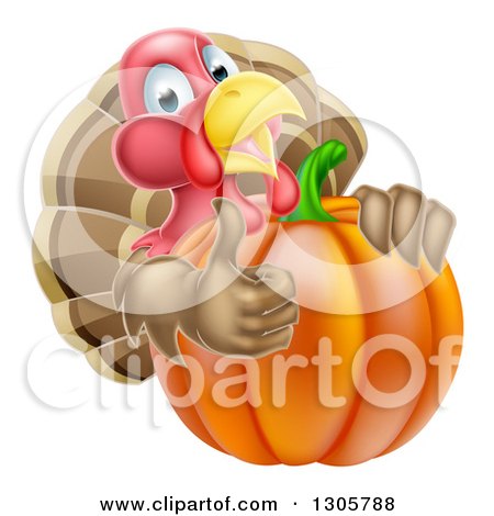 Clipart of a Turkey Bird Giving a Thumb up and Looking Around a Thanksgiving Pumpkin - Royalty Free Vector Illustration by AtStockIllustration