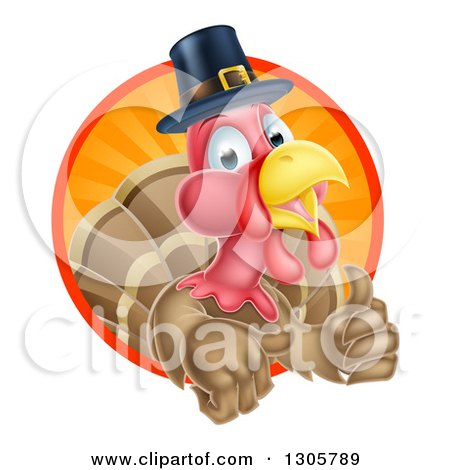 Clipart of a Pleased Thanksgiving Turkey Bird Wearing a Pilgrim Hat and Giving a Thumb up and Emerging from a Circle of Rays - Royalty Free Vector Illustration by AtStockIllustration