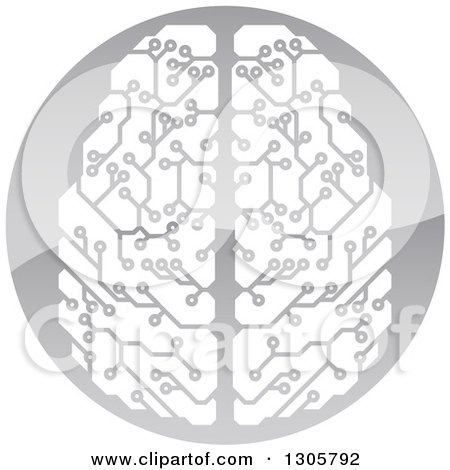 Clipart of a Circuit Board Artificial Intelligence Computer Chip Brain in a Shiny Gray Circle - Royalty Free Vector Illustration by AtStockIllustration