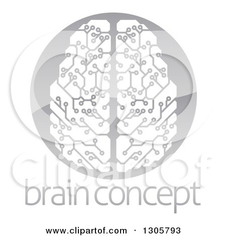 Clipart of a Circuit Board Artificial Intelligence Computer Chip Brain in a Shiny Gray Circle over Sample Text - Royalty Free Vector Illustration by AtStockIllustration