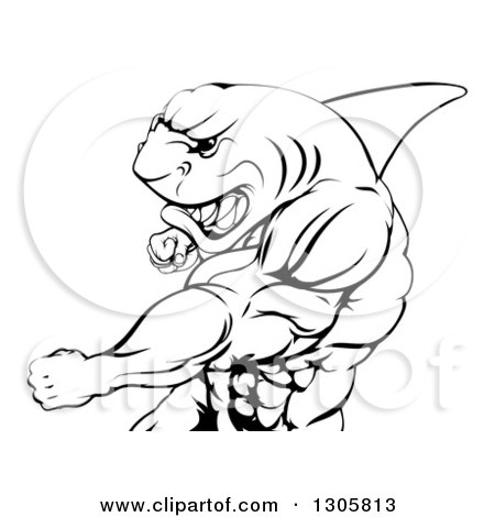 Clipart of a Black and White Mad Muscular Shark Man Mascot Punching - Royalty Free Vector Illustration by AtStockIllustration