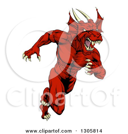 Clipart of a Muscular Vicious Red Dragon Man Mascot Running Upright - Royalty Free Vector Illustration by AtStockIllustration