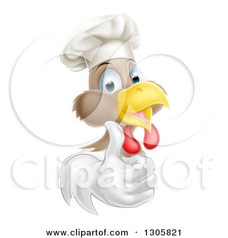 Clipart of a Happy Brown and White Chicken Chef Facing Right and Giving a Thumb up - Royalty Free Vector Illustration by AtStockIllustration