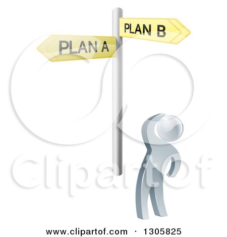 Clipart of a 3d Silver Man Looking up at Yellow Plan a and Plan B Crossroad Signs - Royalty Free Vector Illustration by AtStockIllustration