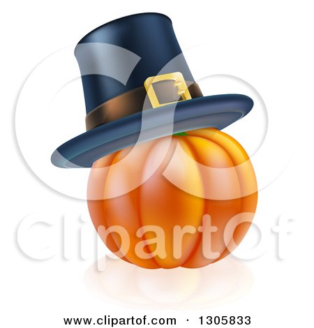 Clipart of a 3d Orange Thanksgiving Pumpkin with a Pilgrim Hat and Reflection - Royalty Free Vector Illustration by AtStockIllustration