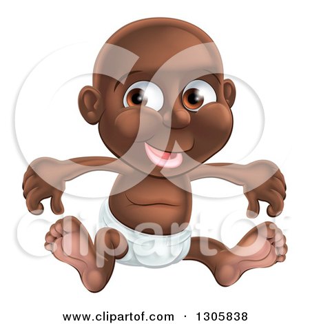 Clipart of a Happy Black Baby Boy Sitting in a Diaper - Royalty Free Vector Illustration by AtStockIllustration