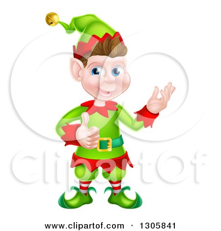 Clipart of a Young Brunette White Male Christmas Elf Presenting and Giving a Thumb up - Royalty Free Vector Illustration by AtStockIllustration