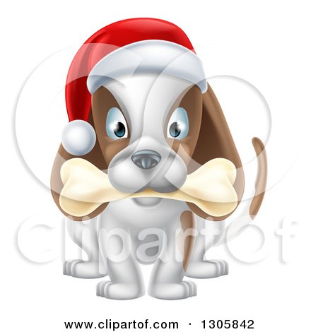 Clipart of a Christmas Dog Sitting with a Bone in His Mouth and a Santa Hat on His Head - Royalty Free Vector Illustration by AtStockIllustration