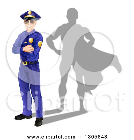 Clipart of a Caucasian Male Police Officer Standing with Folded Arms and a Super Hero Shadow - Royalty Free Vector Illustration by AtStockIllustration