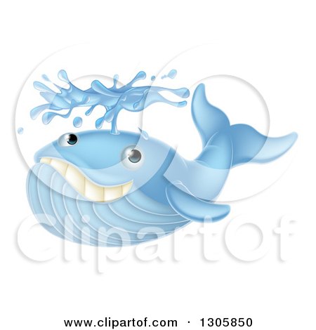 Clipart of a Cartoon Happy Blue Whale Spouting Water - Royalty Free Vector Illustration by AtStockIllustration