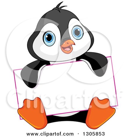 Clipart of a Cute Baby Penguin Sitting and Holding a Blank Sign - Royalty Free Vector Illustration by Pushkin