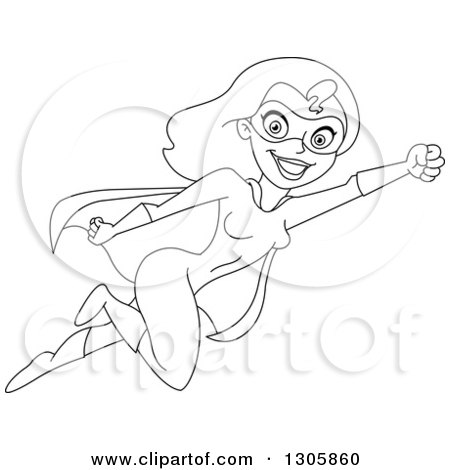 Lineart Clipart of a Black and White Flying Super Hero Woman - Royalty Free Outline Vector Illustration by yayayoyo
