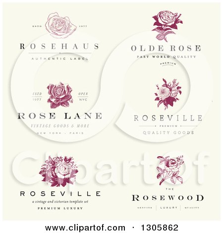 Clipart of Vintage Rose Label Designs with Sample Text on Distressed Beige - Royalty Free Vector Illustration by BestVector